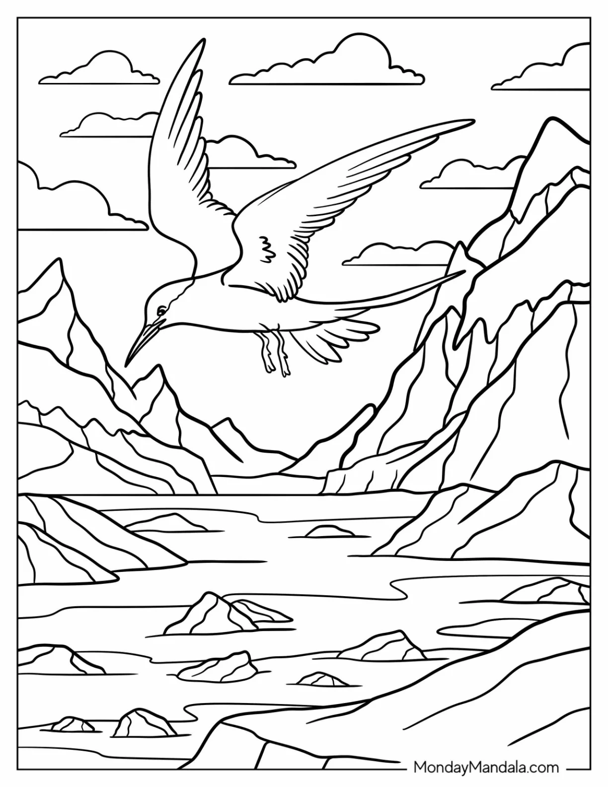 Soaring Arctic Animals Coloring Page of Tern in Mountain Landscape coloring page