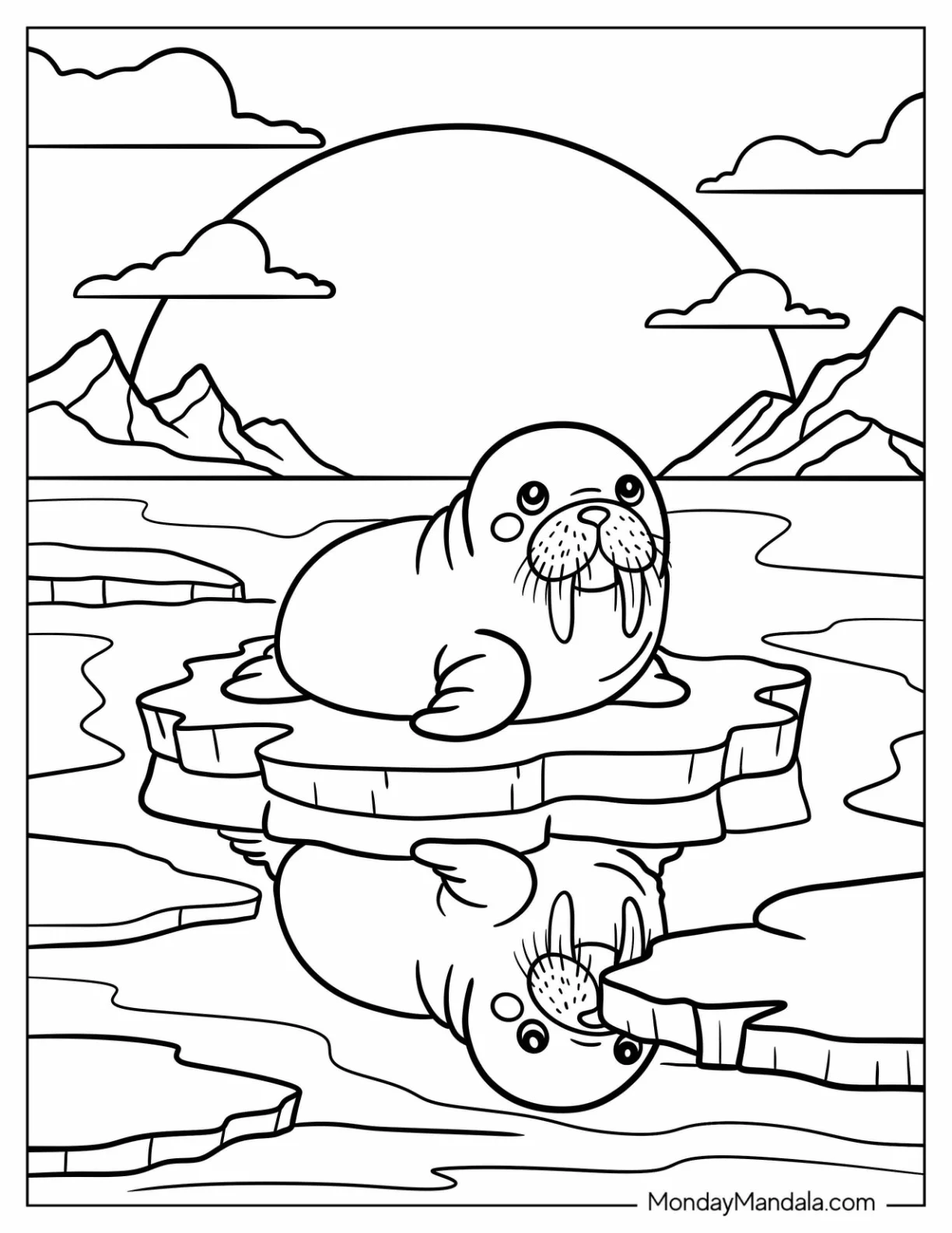 Wild Arctic Animals Coloring Page of Walrus on Cracked Sea Ice coloring page