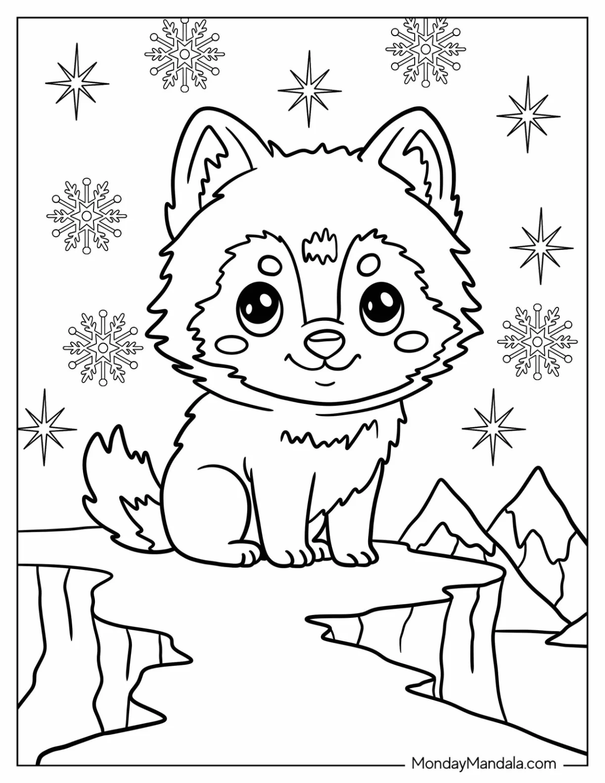 Winter Arctic Animals Coloring Page of Fox with Fluffy Tail for Kids coloring page
