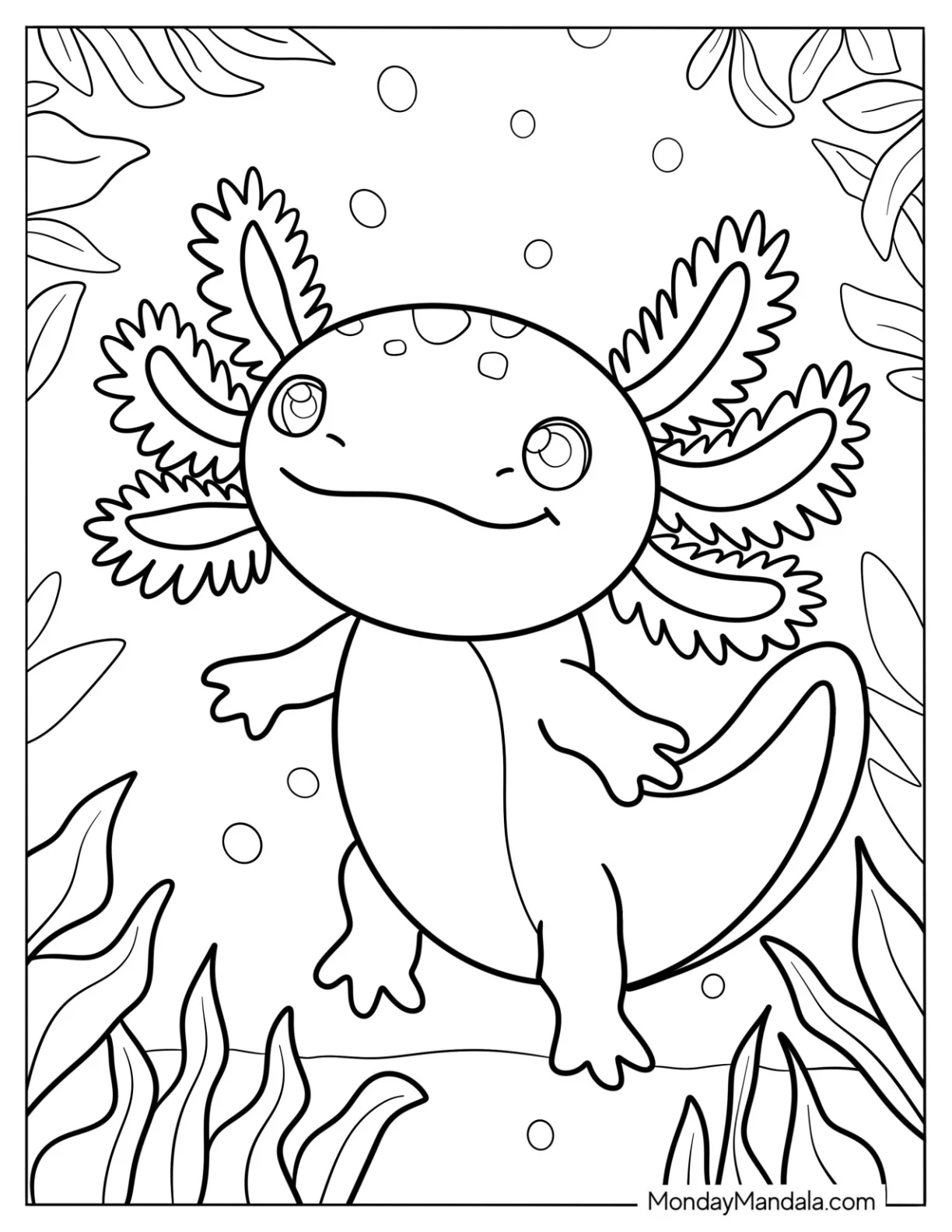 Adorable Little Axolotl Coloring Page Surrounded By Weeds coloring page — printable line art