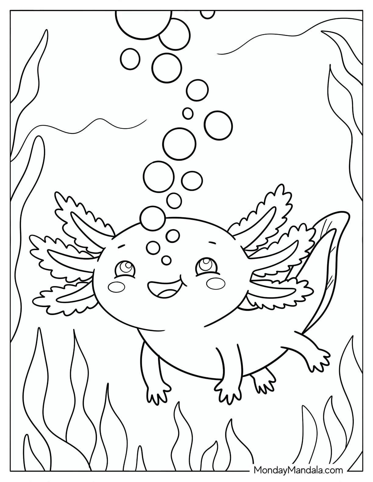 Axolotl Blowing Bubbles Among Aquatic Plants Coloring Page coloring page