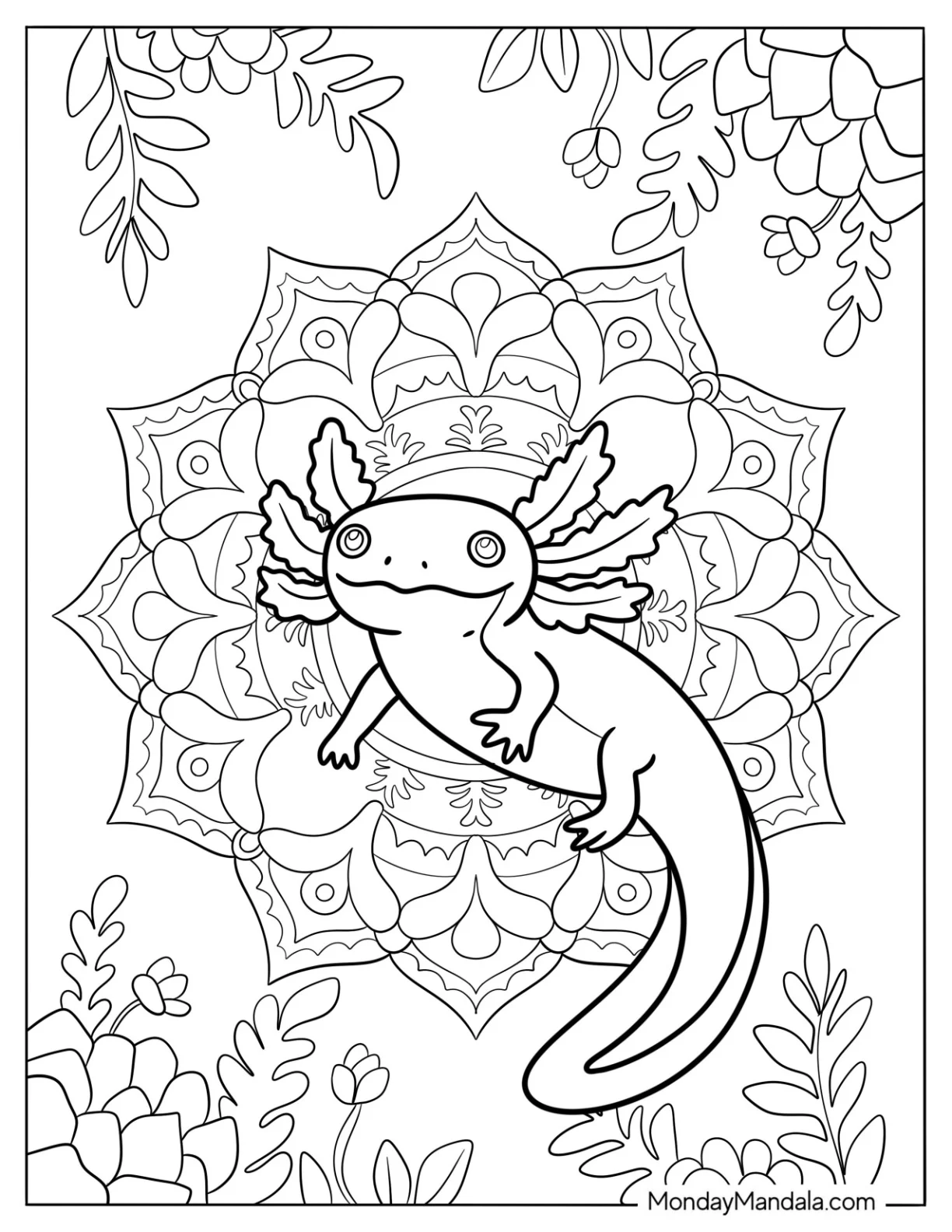 Axolotl Coloring Page At The Center Of A Flower Mandala coloring page