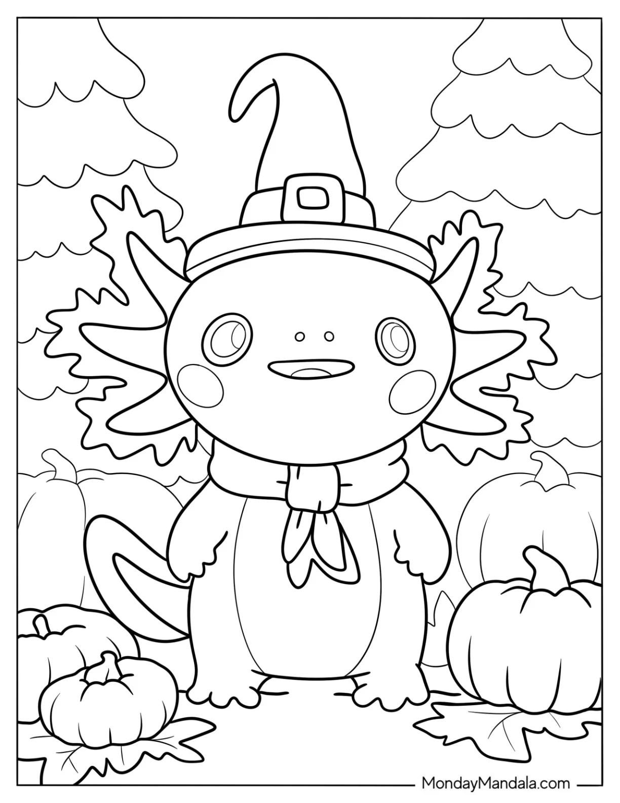 Axolotl Coloring Page Dressed As A Pilgrim In Autumn coloring page — printable line art