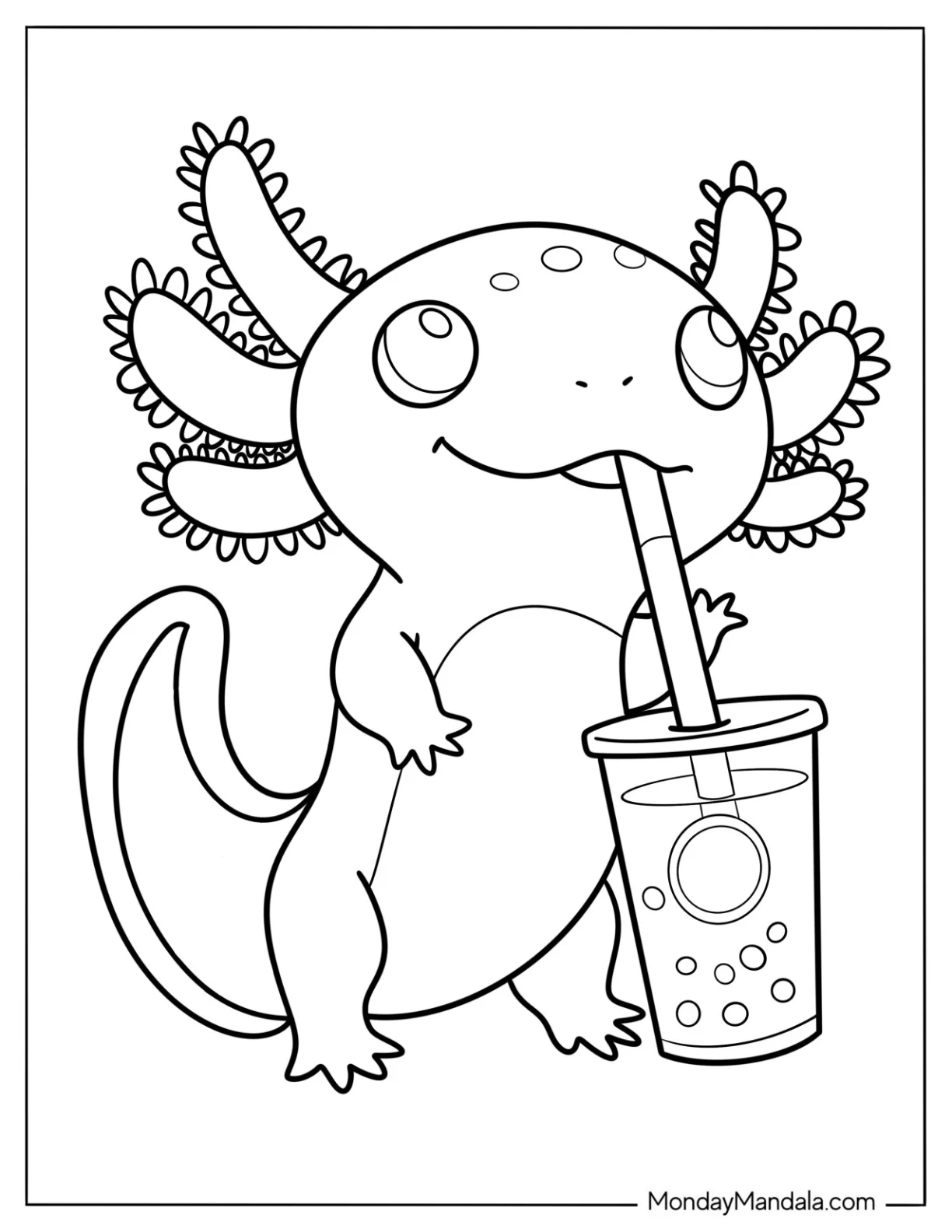 Axolotl Coloring Page Drinking Boba Tea For Kids coloring page