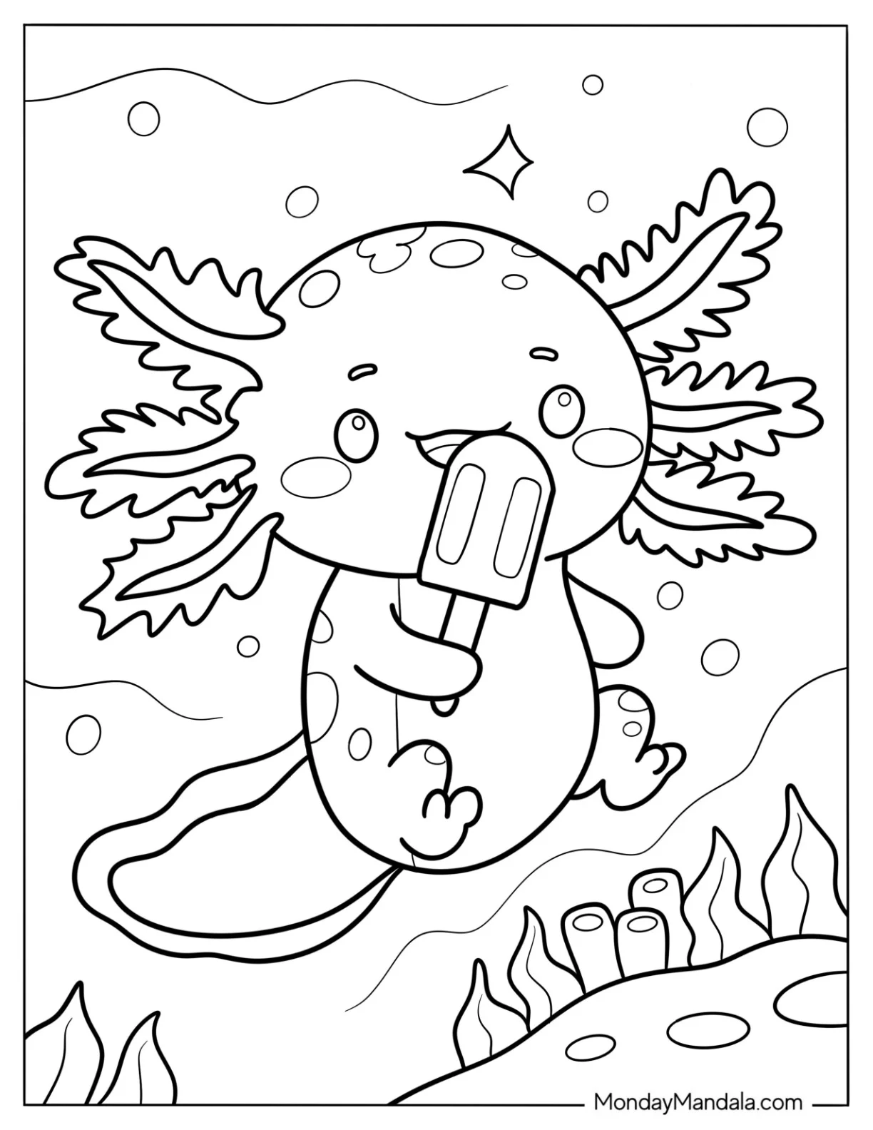 Axolotl Coloring Page Eating A Popsicle For Kids coloring page