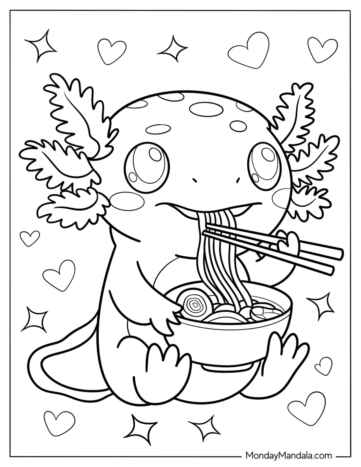Axolotl Coloring Page Eating Ramen For Kids coloring page