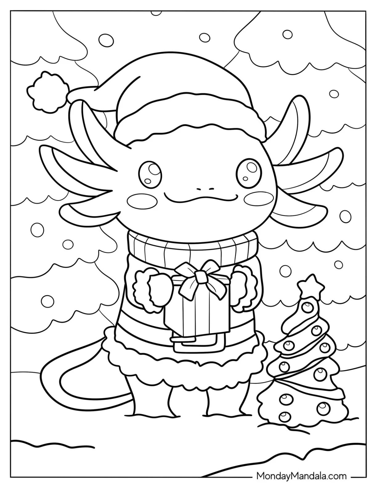 Axolotl Coloring Page In Santa Costume Holding A Present coloring page — printable line art