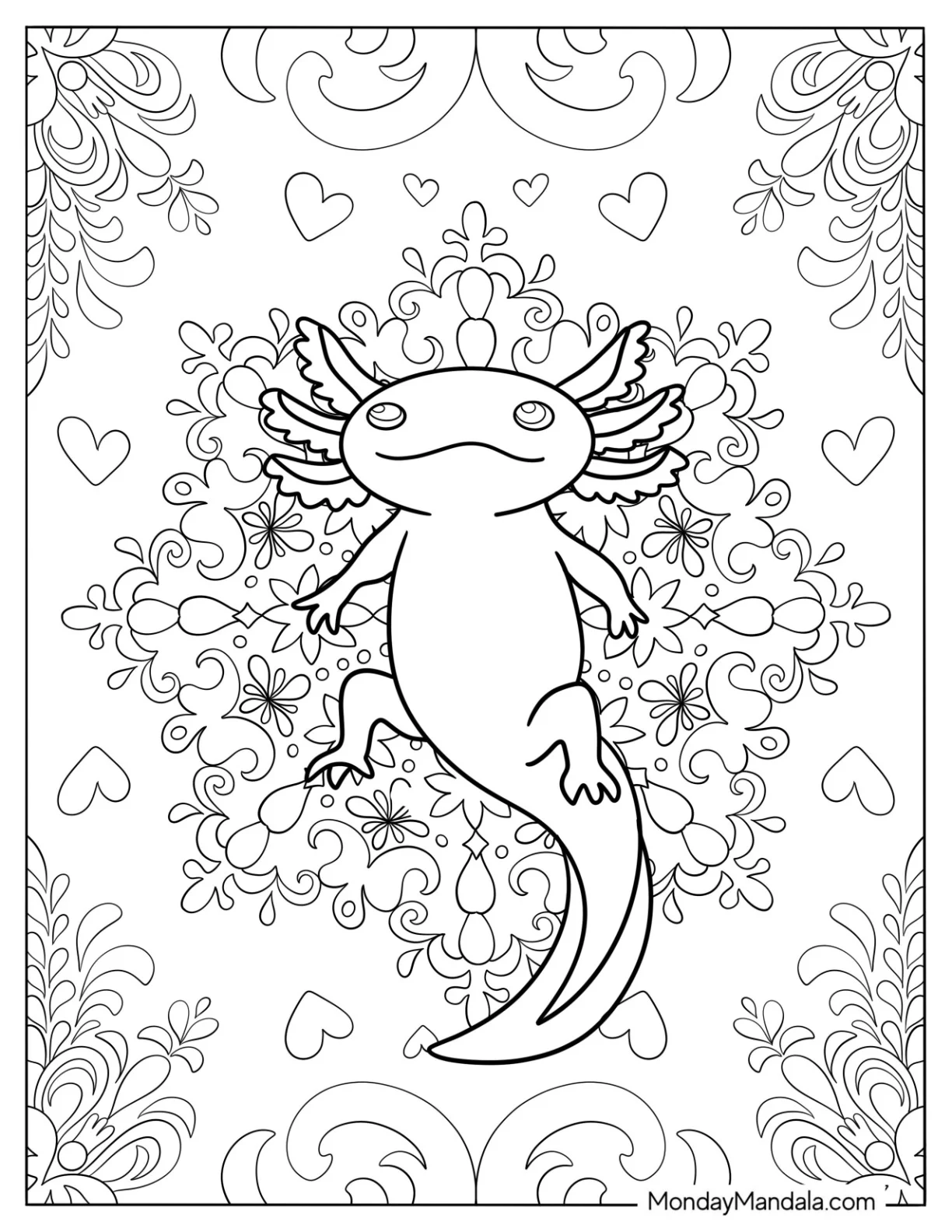 Axolotl Coloring Page In The Middle Of A Mandala coloring page