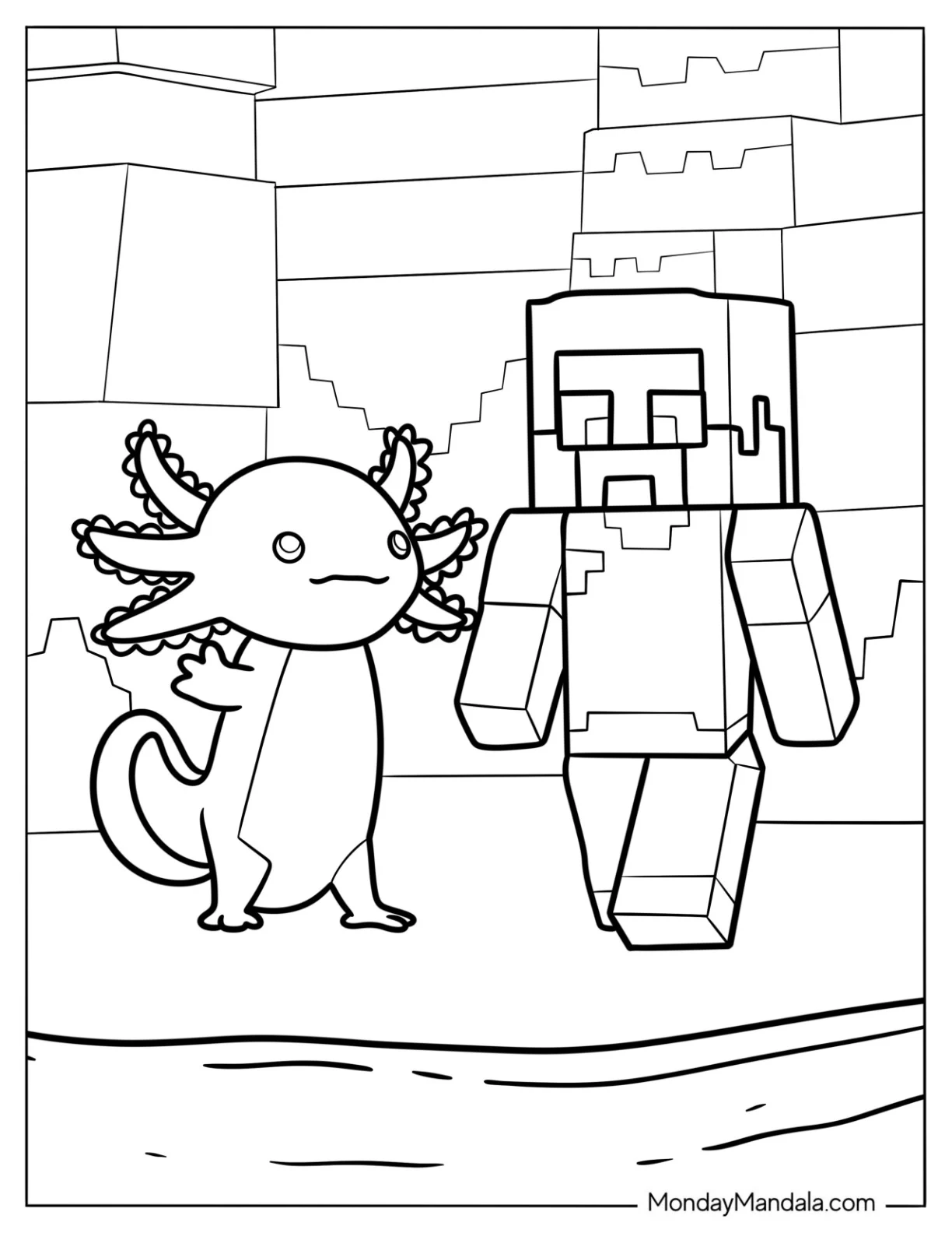 Axolotl Coloring Page Standing Beside Minecraft Steve coloring page