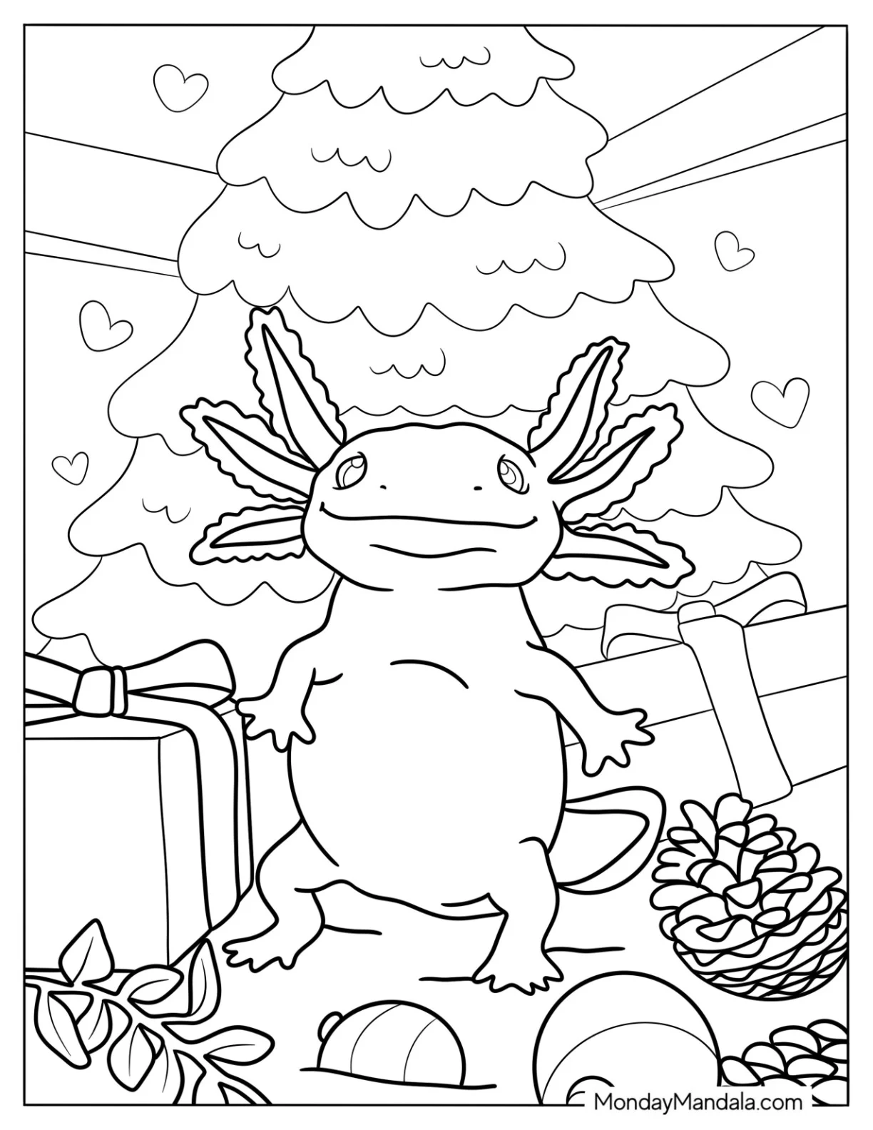 Axolotl Coloring Page Standing In The Middle Of Christmas Presents coloring page