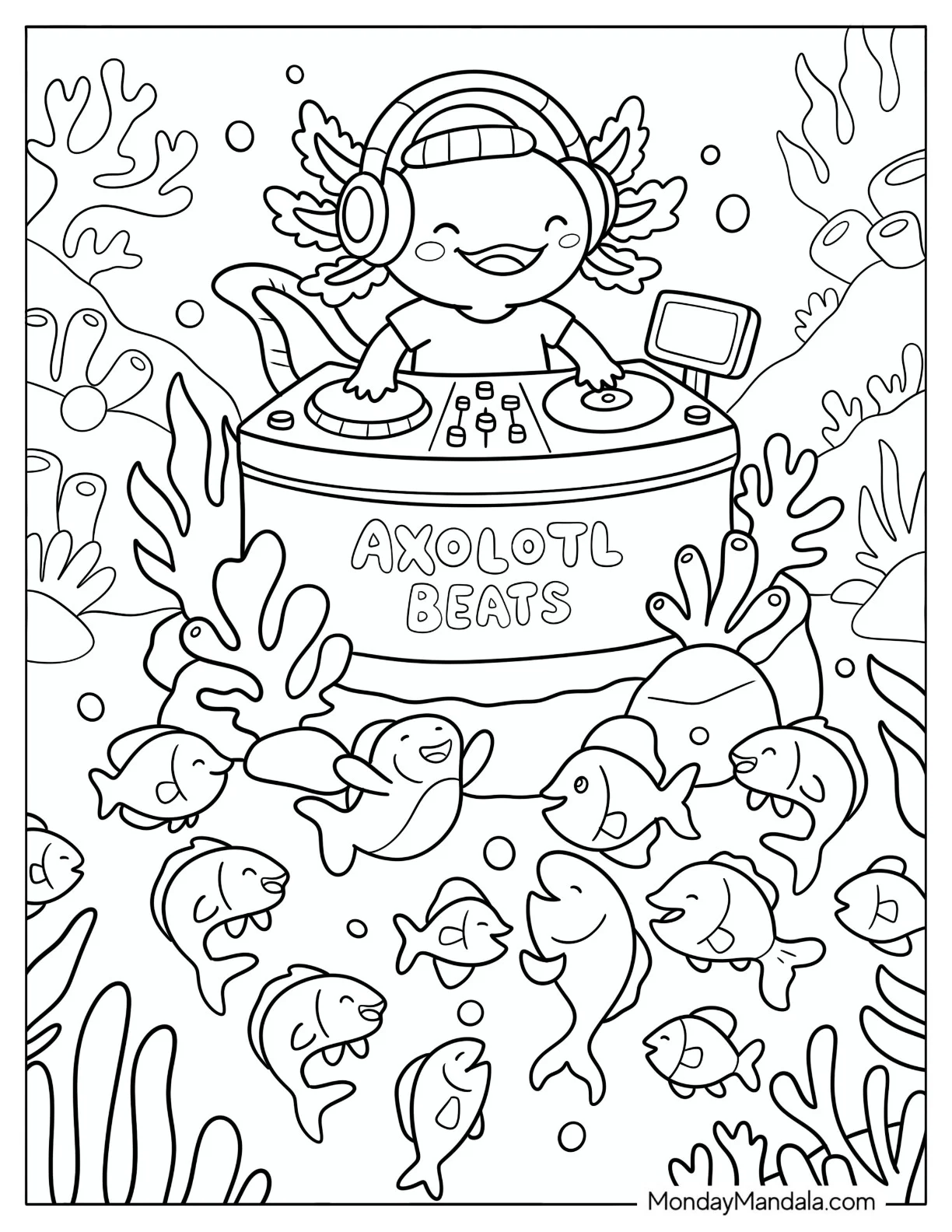 Axolotl DJ Playing Music for Dancing Fish Coloring Sheet coloring page