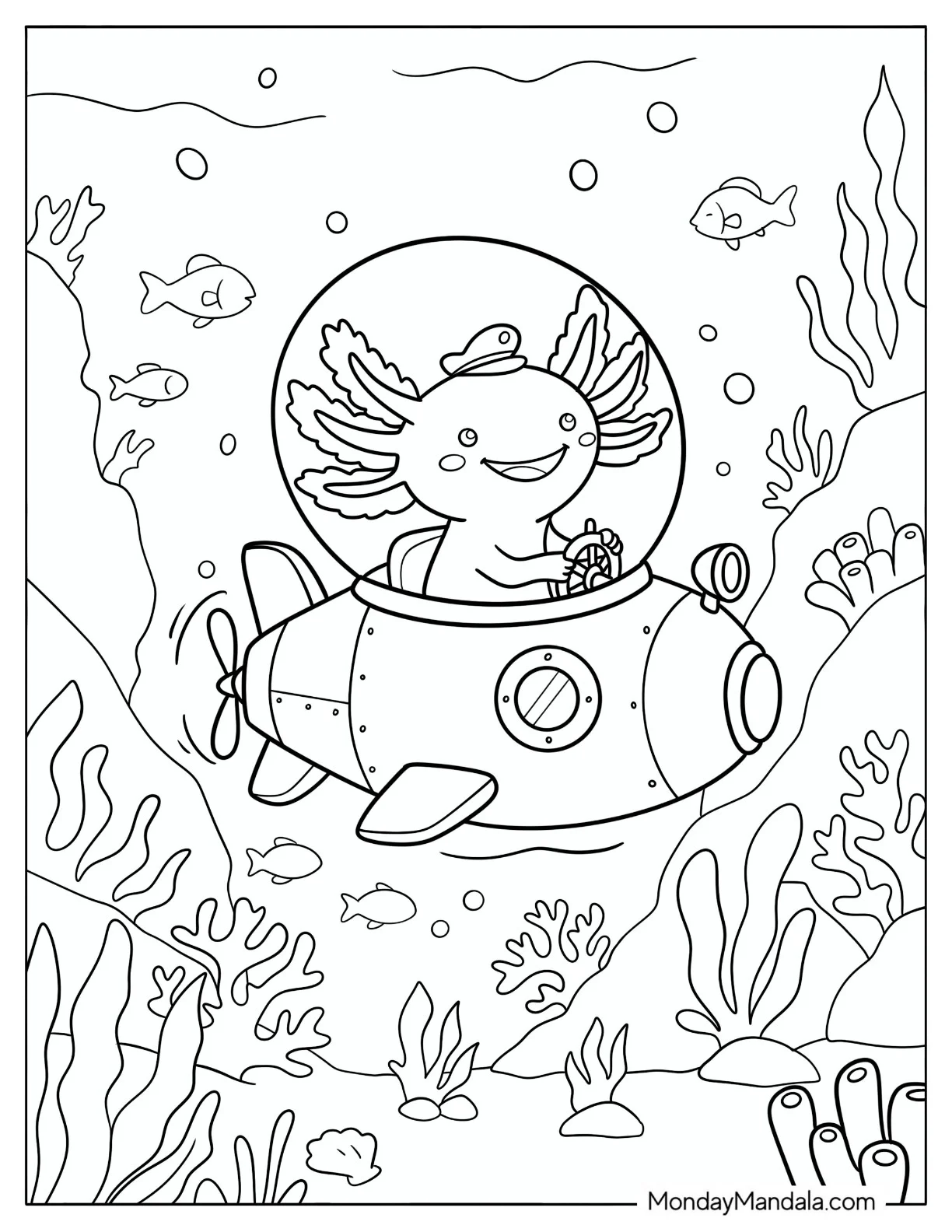 Axolotl Exploring a Coral Reef in a Submarine Coloring Page coloring page