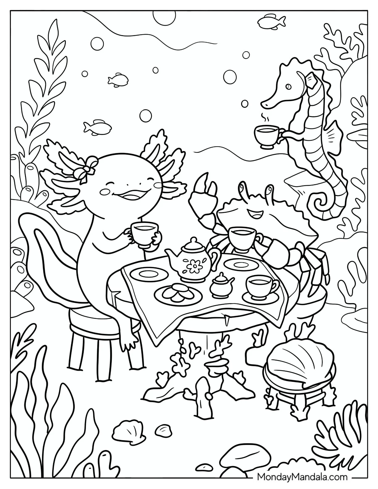 Axolotl Having an Underwater Tea Party with Sea Creatures Coloring Page for Kids coloring page