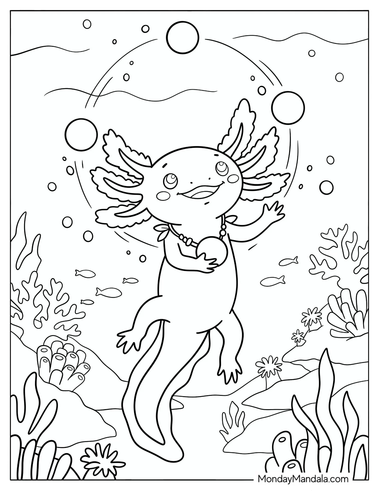 Axolotl Juggling Balls Underwater Coloring Page for Kids coloring page — printable line art