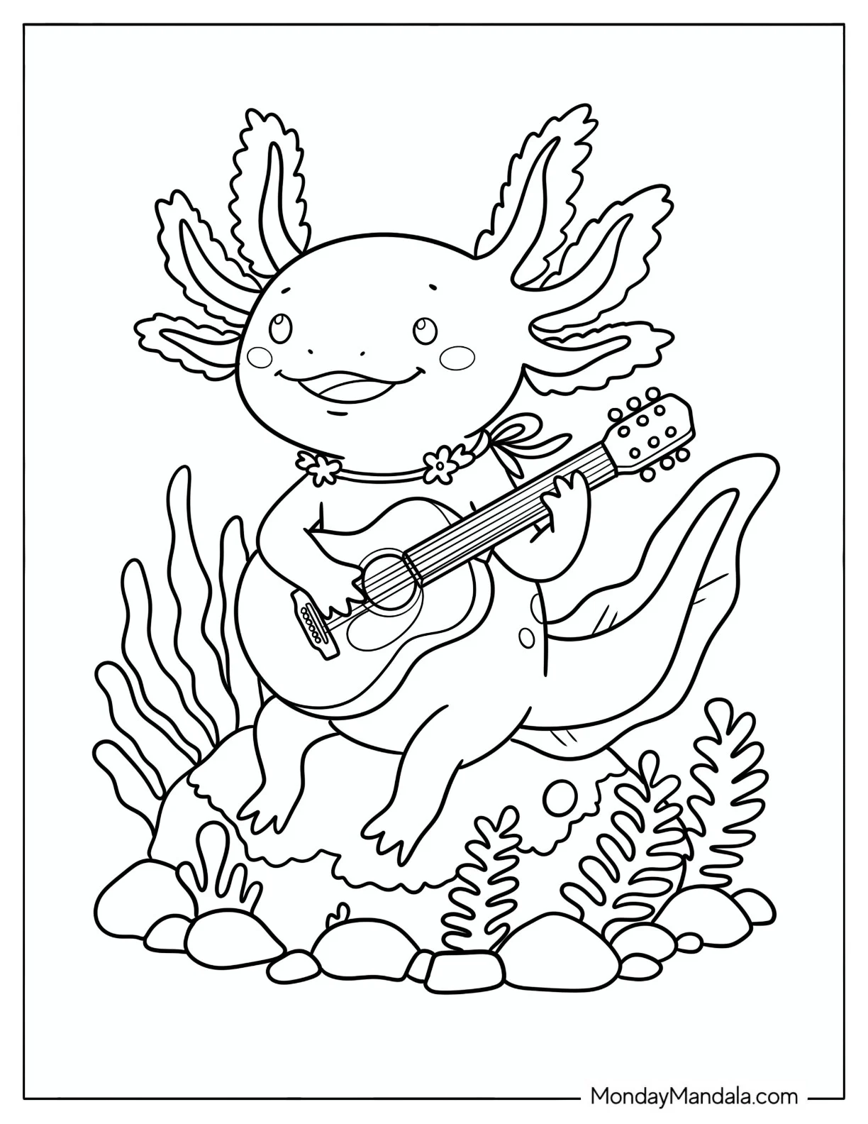 Axolotl Playing Guitar on an Underwater Rock Coloring Page for Kids coloring page