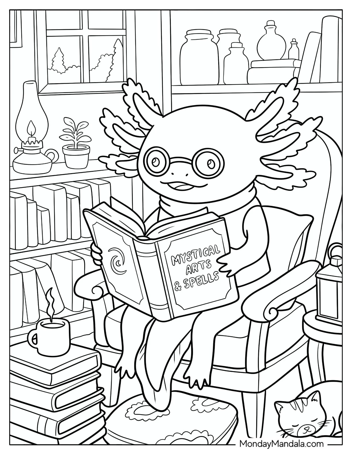 Axolotl Reading a Mythology Book in a Cozy Library Coloring Page coloring page — printable line art