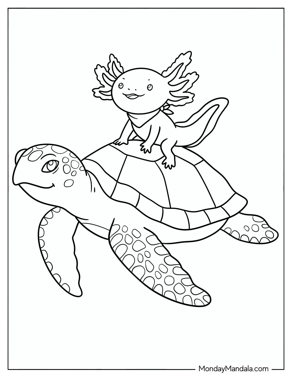 Axolotl Riding on a Sea Turtle Coloring Page for Kids coloring page