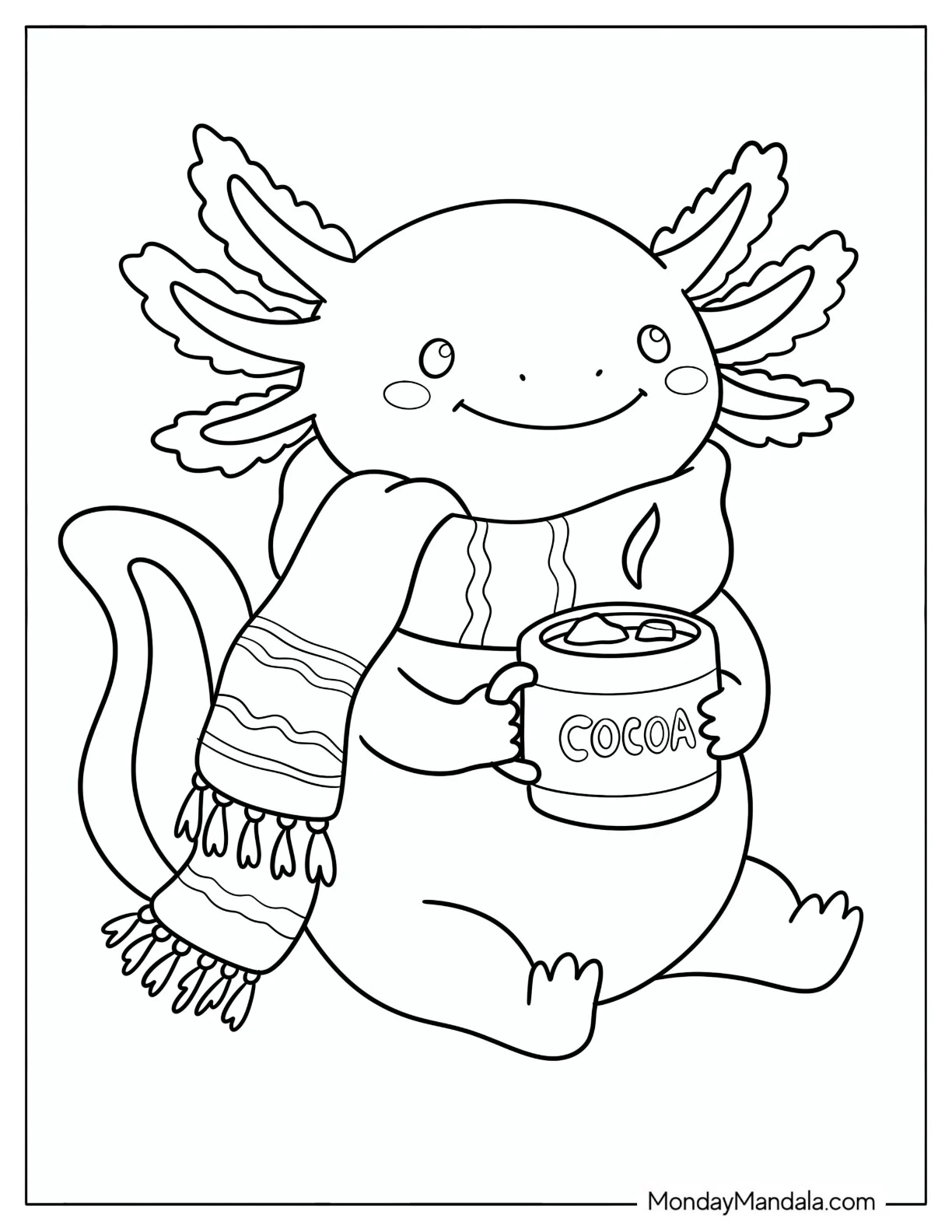 Axolotl Wearing a Scarf and Drinking Hot Cocoa coloring page