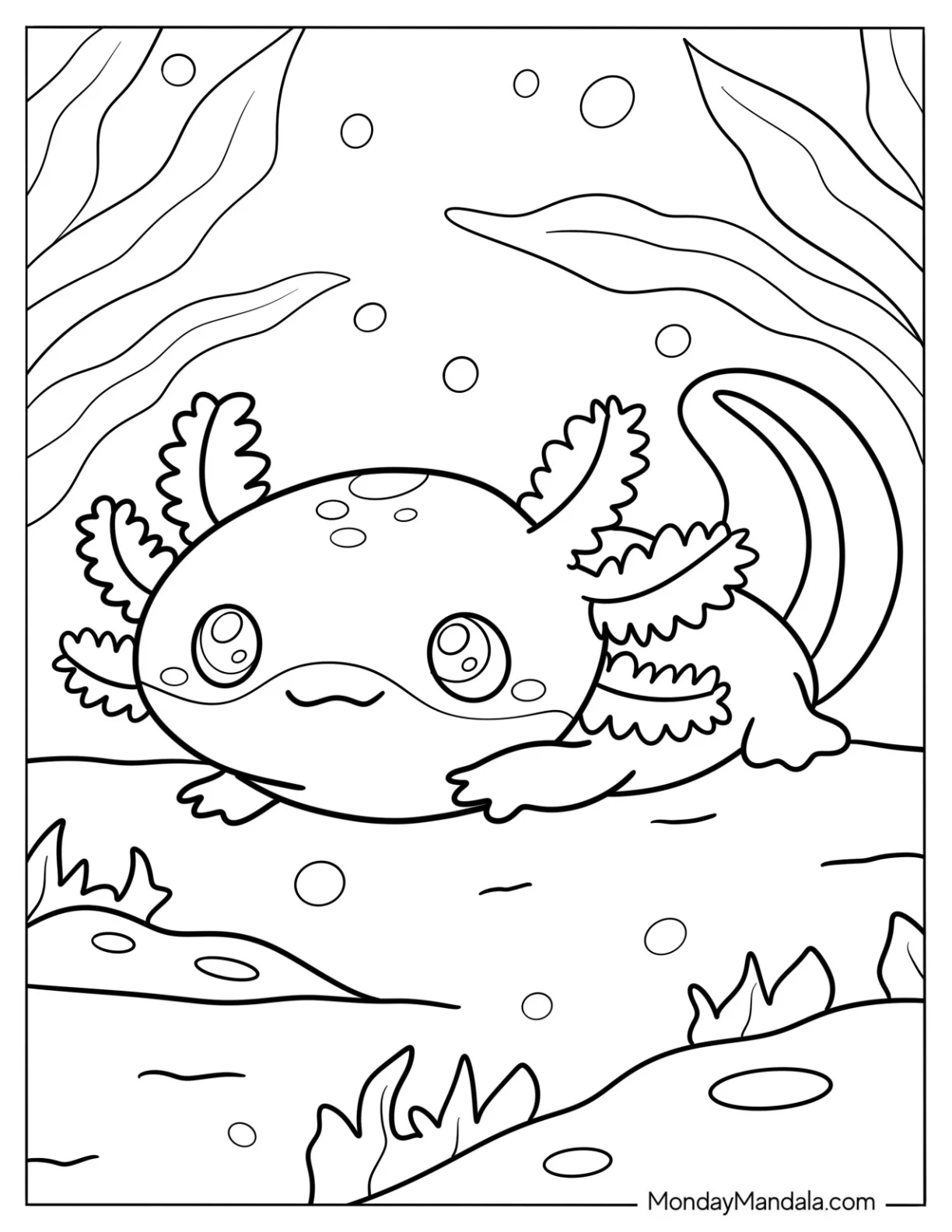 Baby Axolotl Coloring Page Lying Down For Kids coloring page