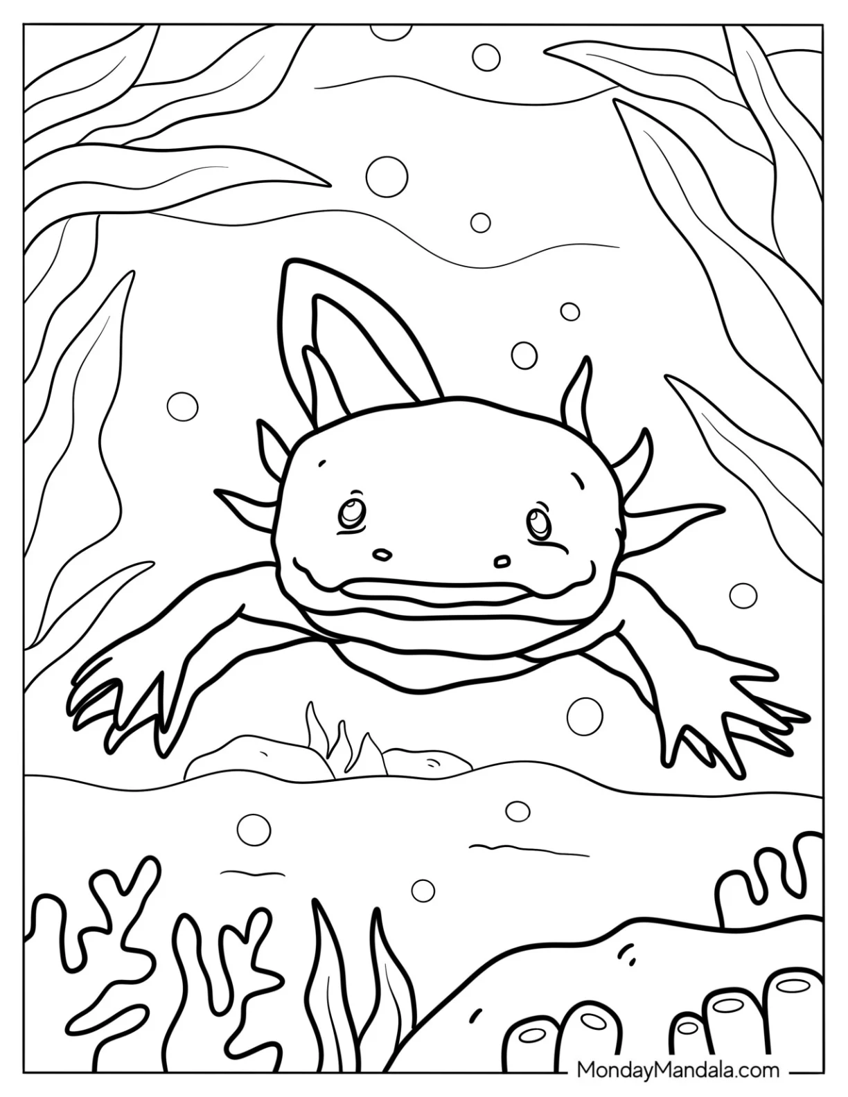 Cheerful Axolotl Coloring Page Swimming Through Weeds coloring page