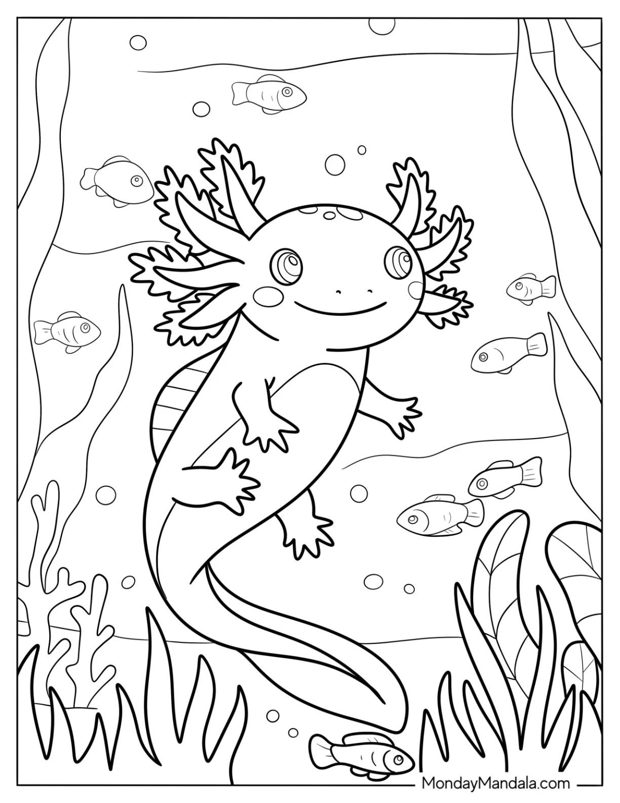 Cheerful Axolotl Coloring Page Swimming With Fishes coloring page