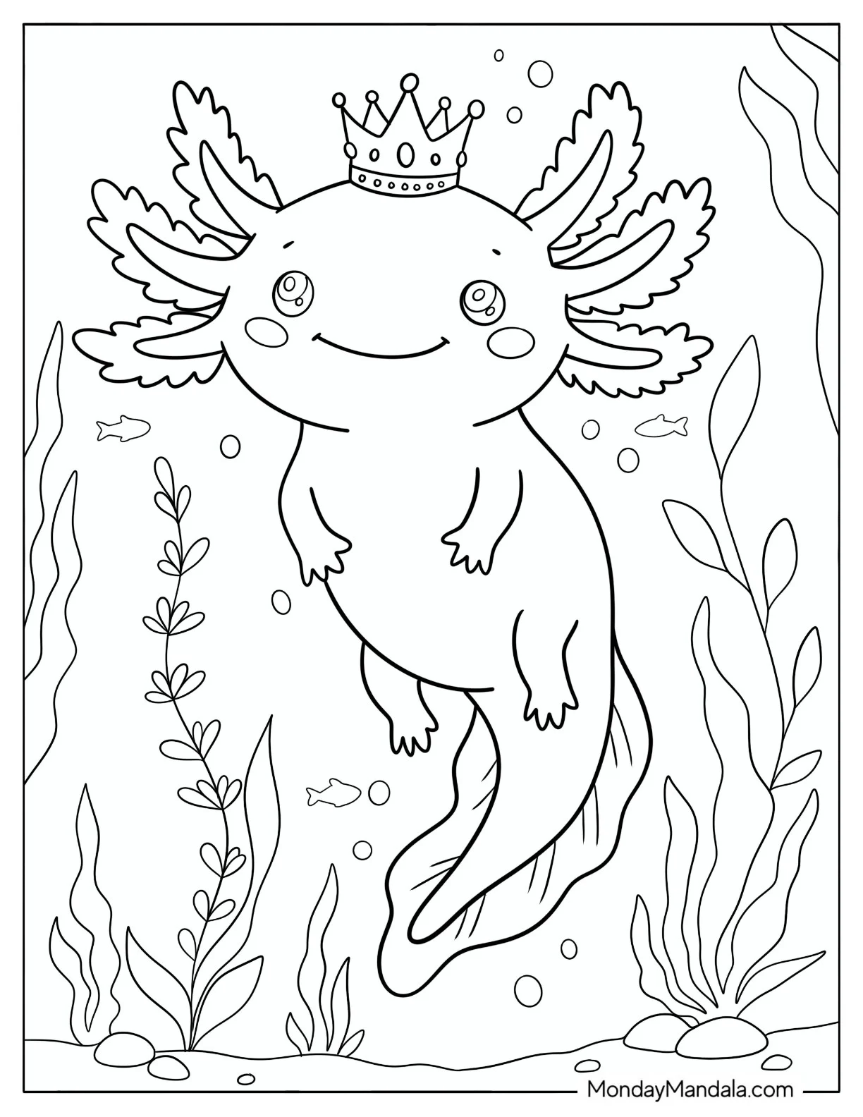 Crowned Axolotl Swimming Among Underwater Plants Coloring Page for Kids coloring page