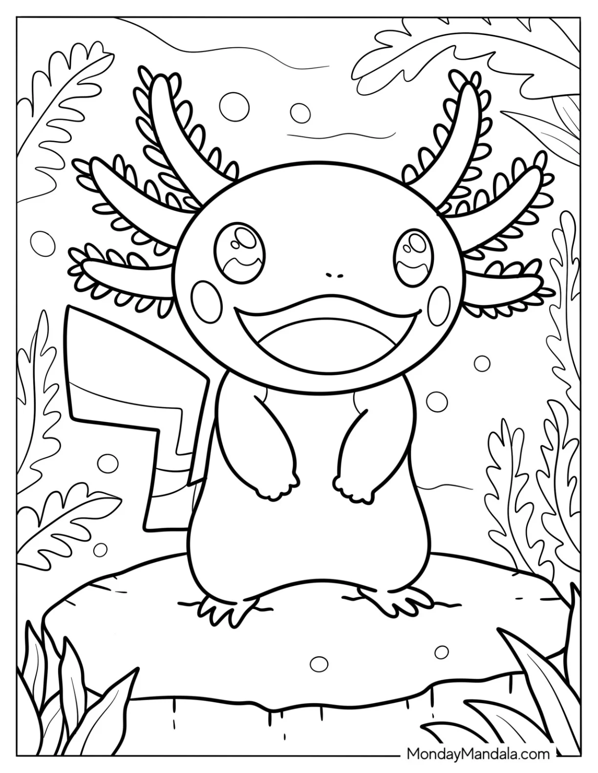 Happy Axolotl Coloring Page Standing On A Stump Under The Sea coloring page