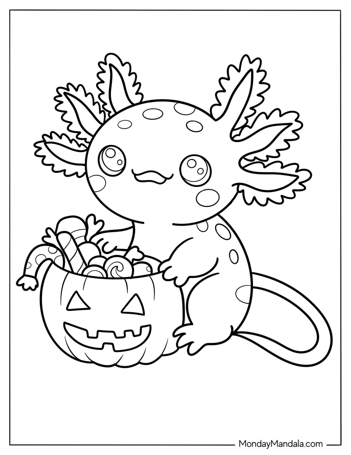 Kawaii Axolotl Coloring Page Hugging A Jack O Lantern coloring page