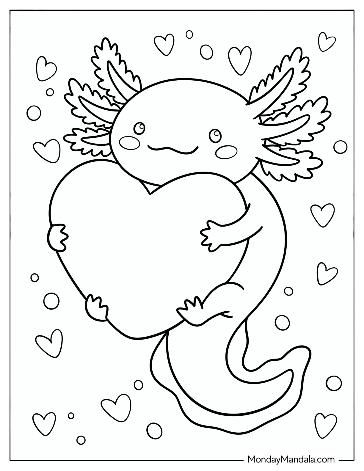 Kawaii Axolotl Hugging a Large Heart Coloring Page for Kids coloring page
