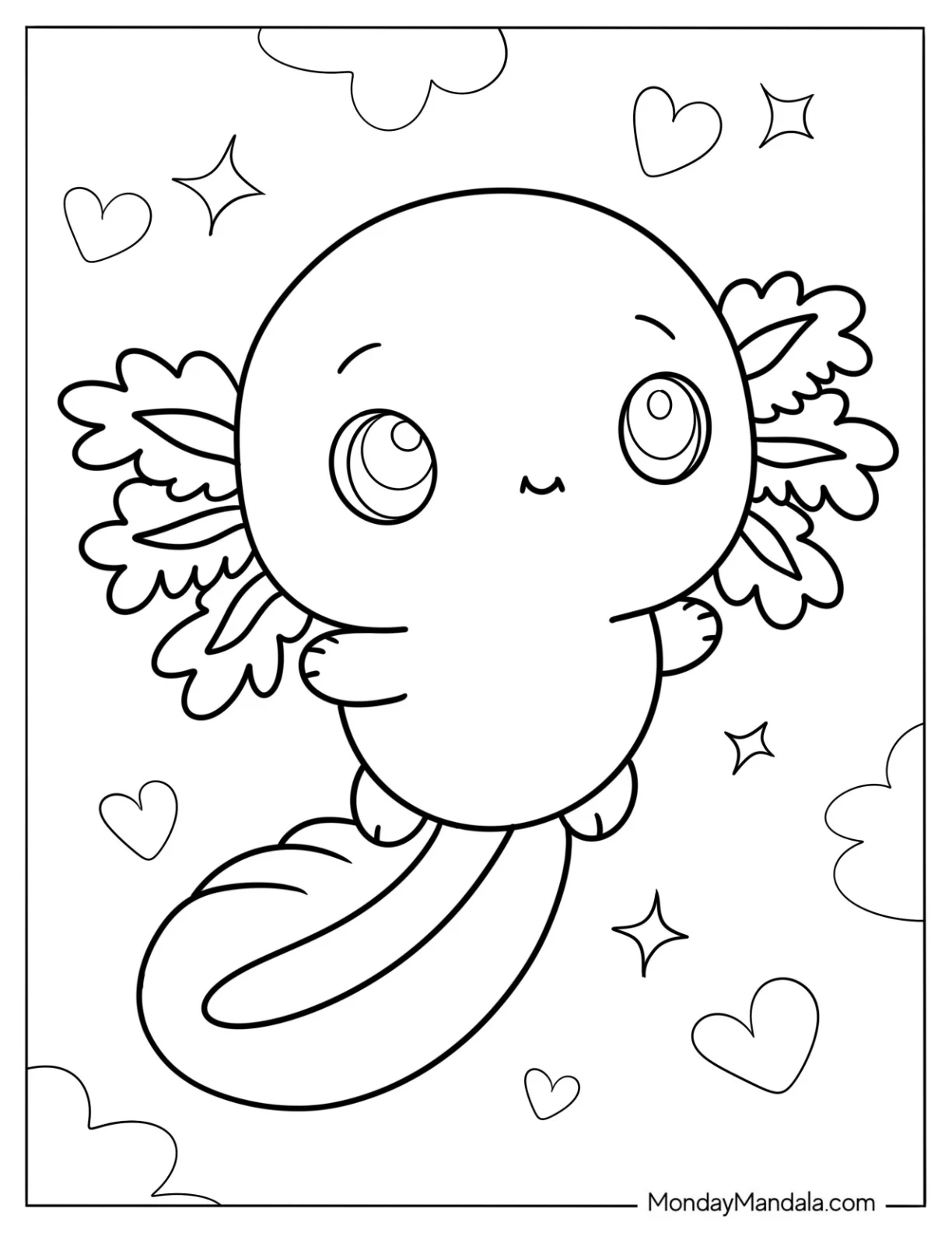 Kawaii Baby Axolotl Coloring Page In The Clouds For Kids coloring page