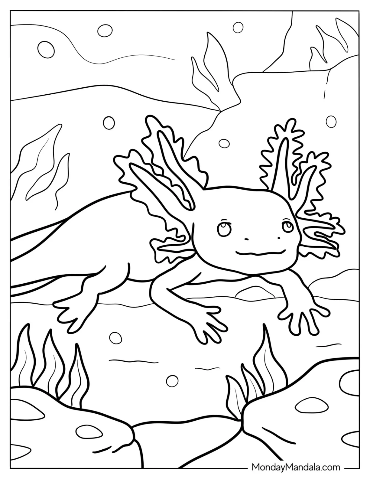 Large Axolotl Coloring Page Crawling On The Sea Floor coloring page