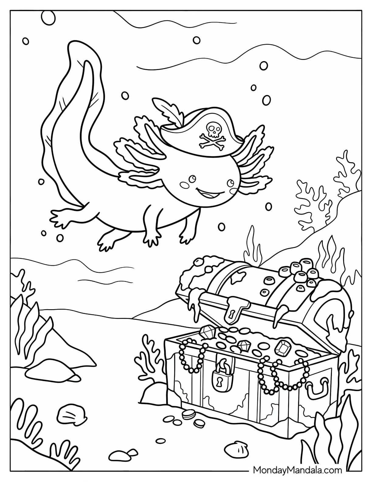 Pirate Axolotl Discovering an Underwater Treasure Chest Coloring Page coloring page