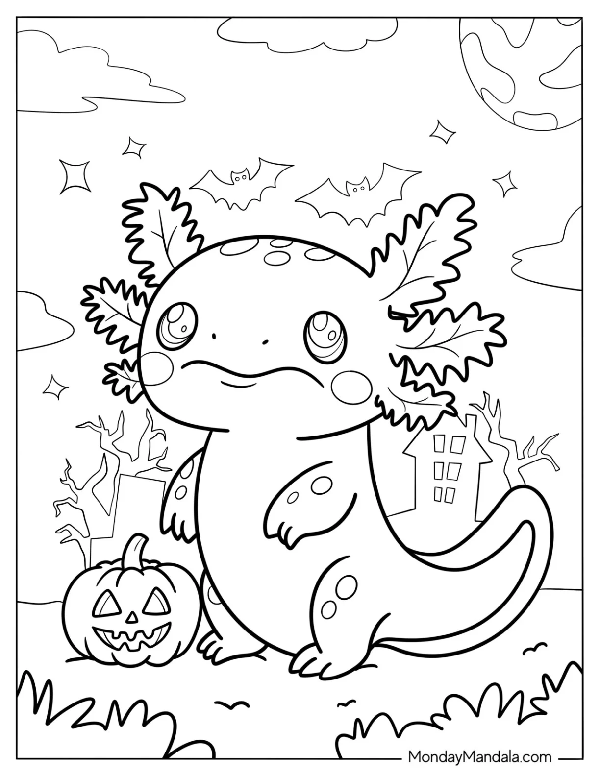 Sad Axolotl Coloring Page Outside A Haunted House coloring page