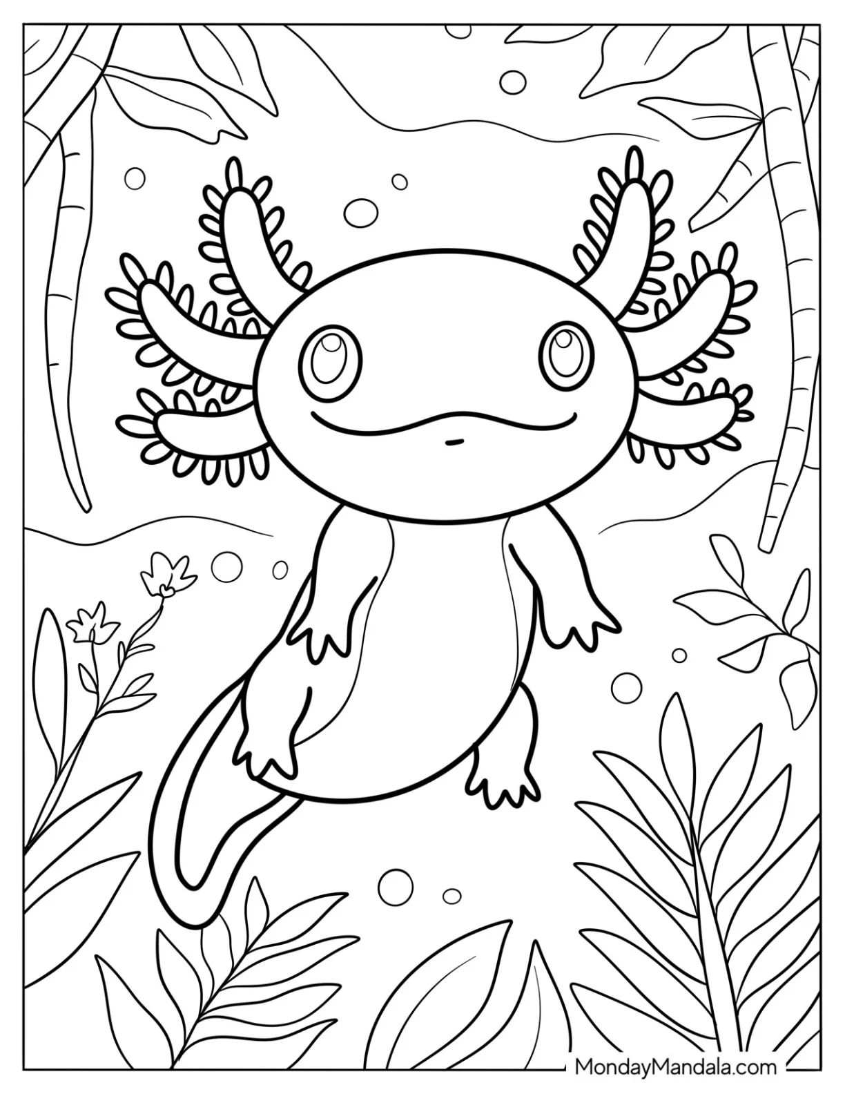 Shy Axolotl Coloring Page Hovering Above Flowers And Leaves coloring page