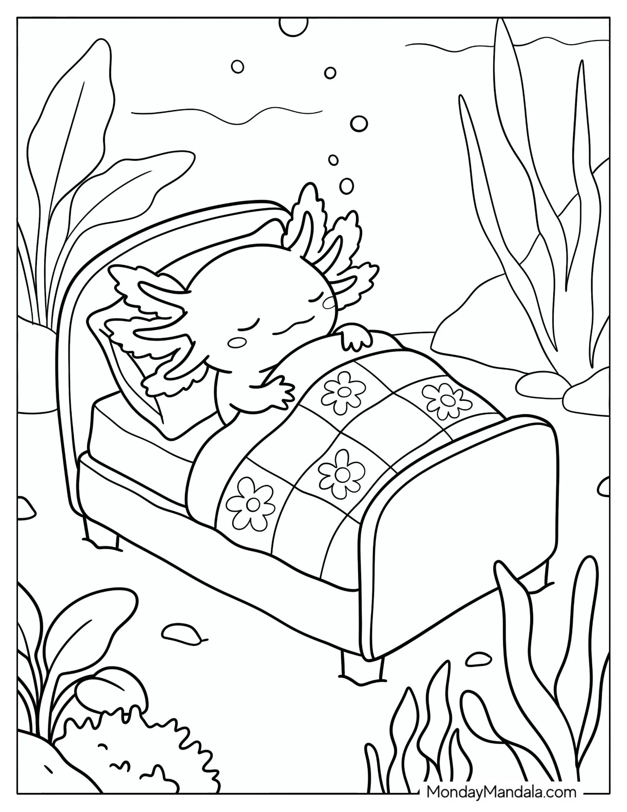 Sleeping Axolotl Tucked into an Underwater Bed Coloring Sheet for Kids coloring page