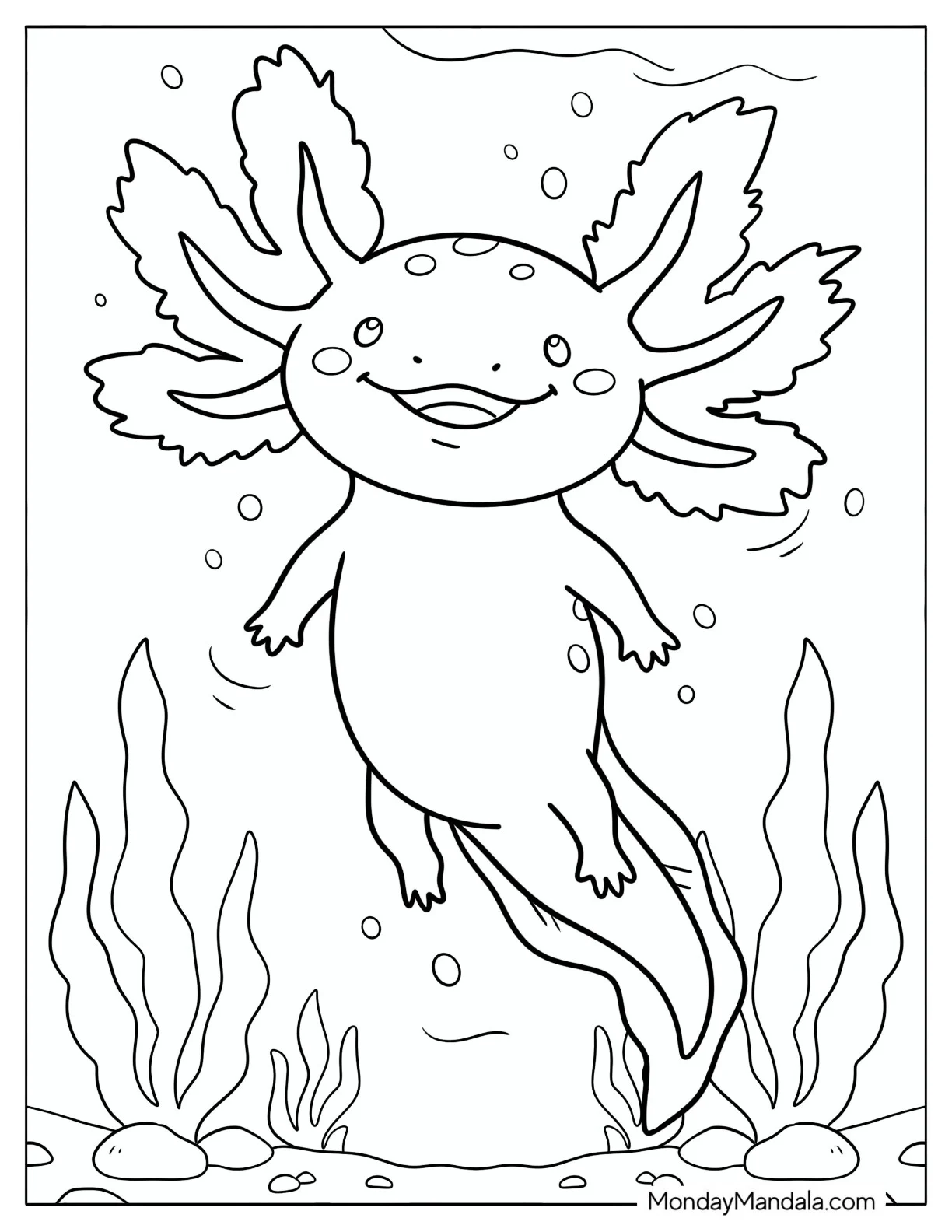 Smiling Axolotl Swimming Among Aquatic Plants Coloring Page for Kids coloring page