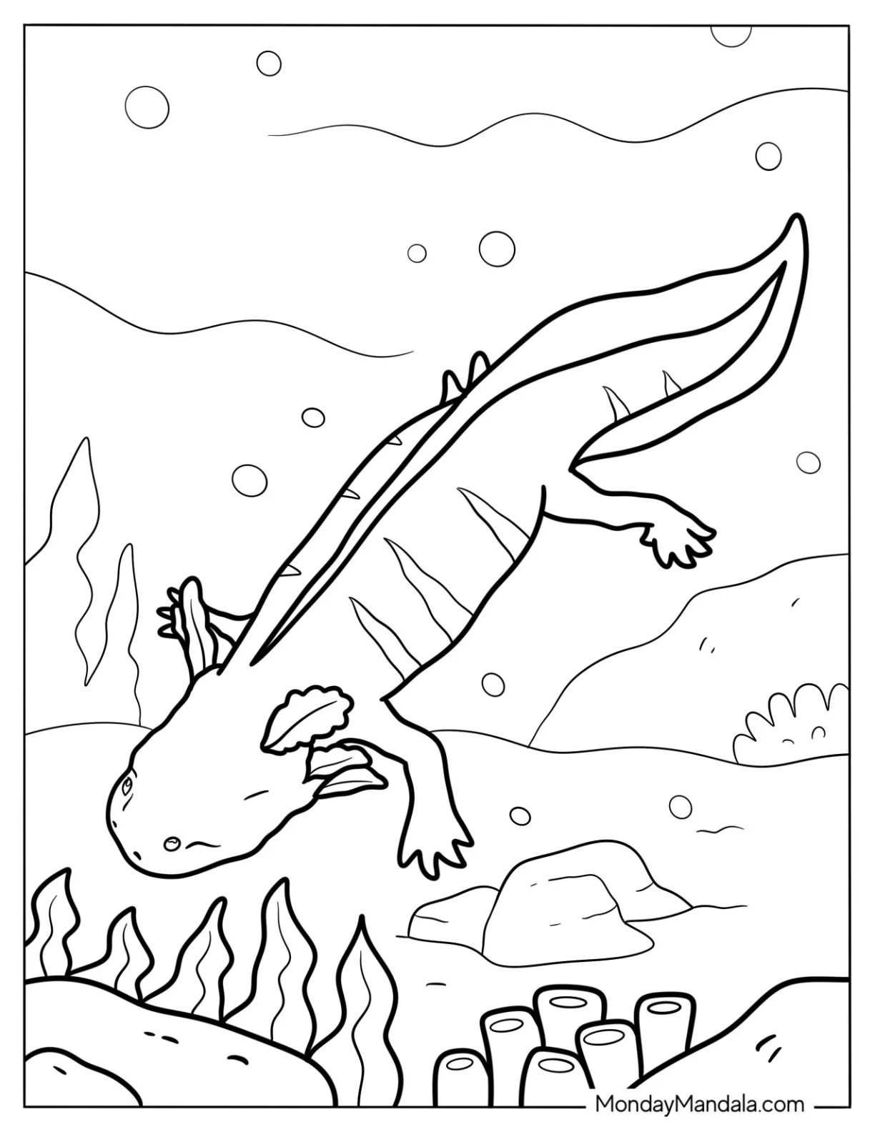 Striped Axolotl Coloring Page Swimming Towards The Sea Floor coloring page