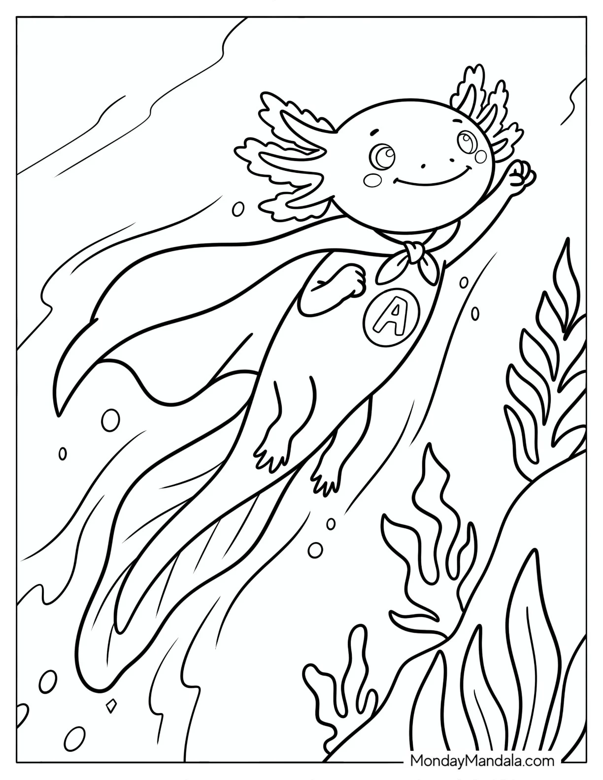 Superhero Axolotl Flying Underwater Coloring Page coloring page