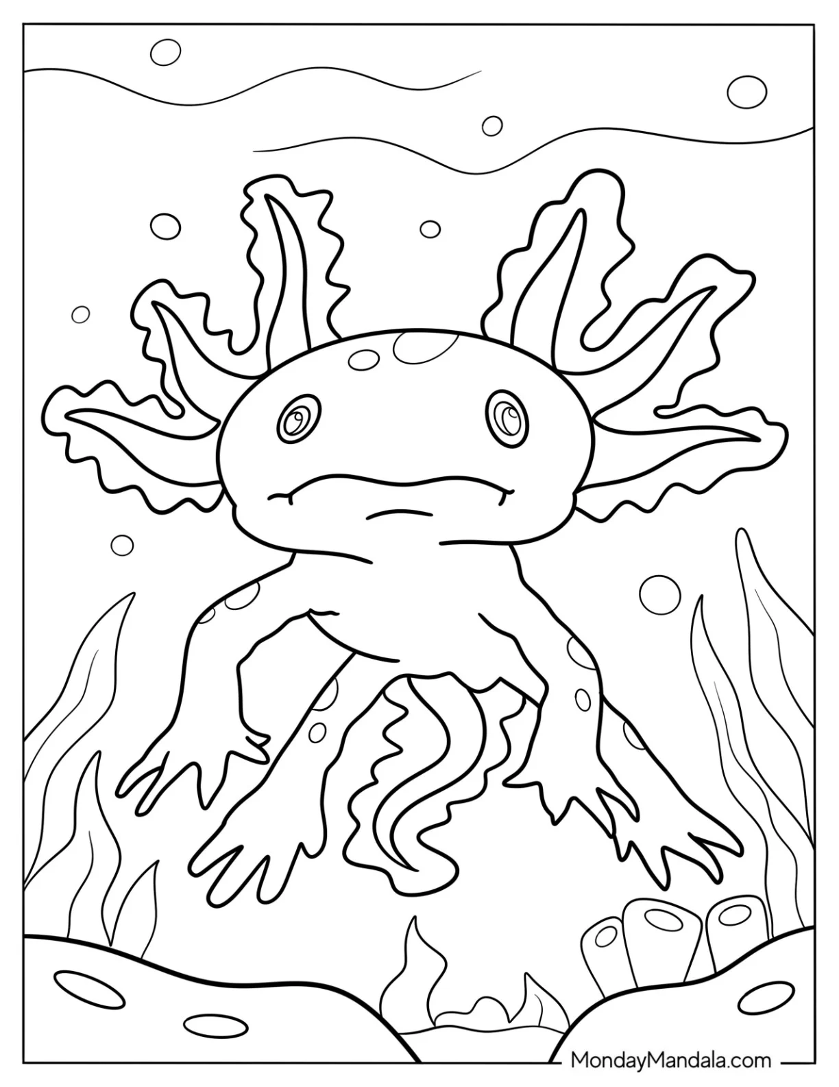 Swimming Axolotl Coloring Page Surrounded By Corals coloring page
