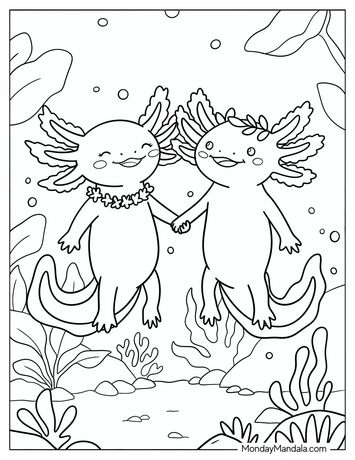 Two Axolotls Holding Hands Underwater Coloring Sheet coloring page