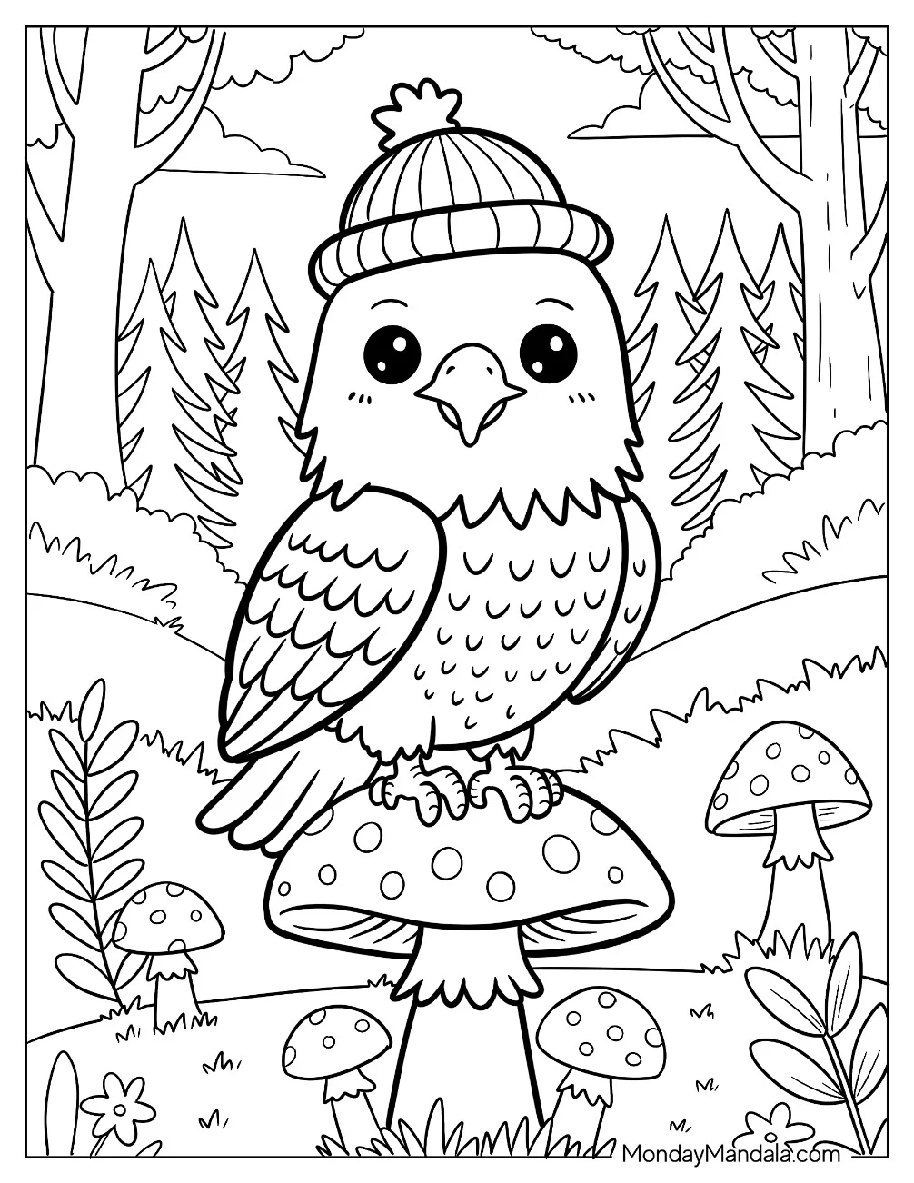 Adorable Bald Eagle Coloring Page with a Beanie Perched on a Mushroom for Kids coloring page