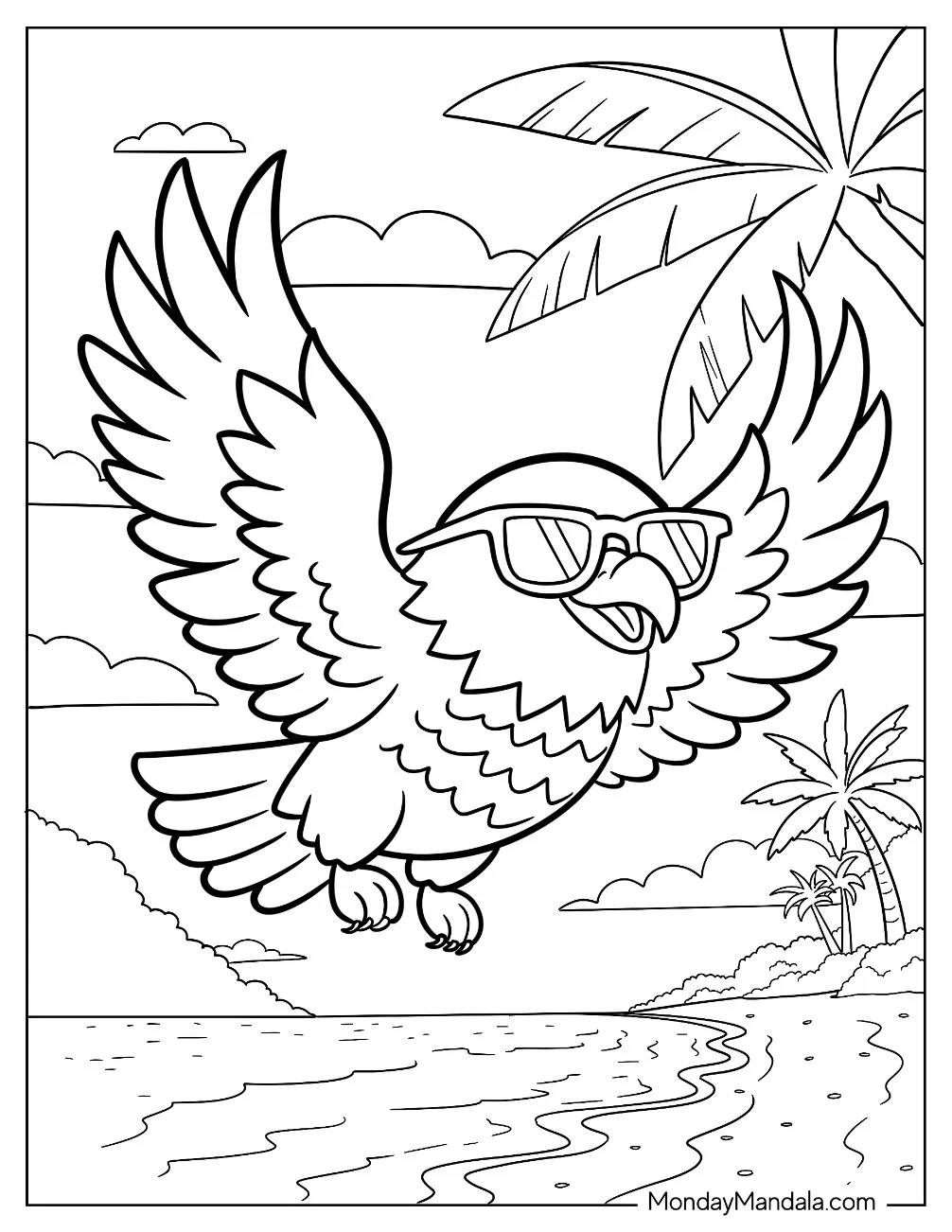 Baby Bald Eagle Coloring Page Flying with Sunglasses On for Kids coloring page — printable line art