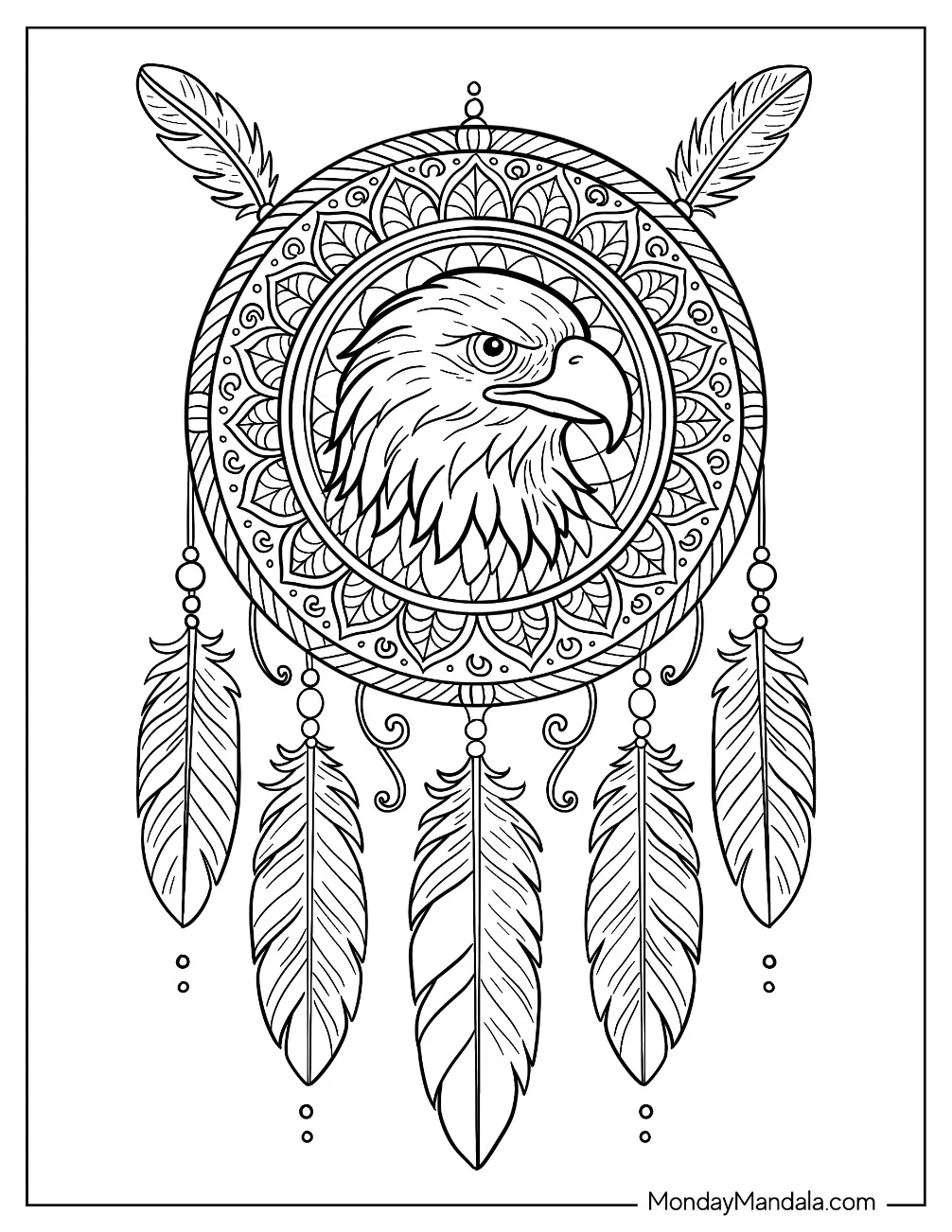 Bald Eagle Coloring Page Mandala Dreamcatcher with Feathers coloring page