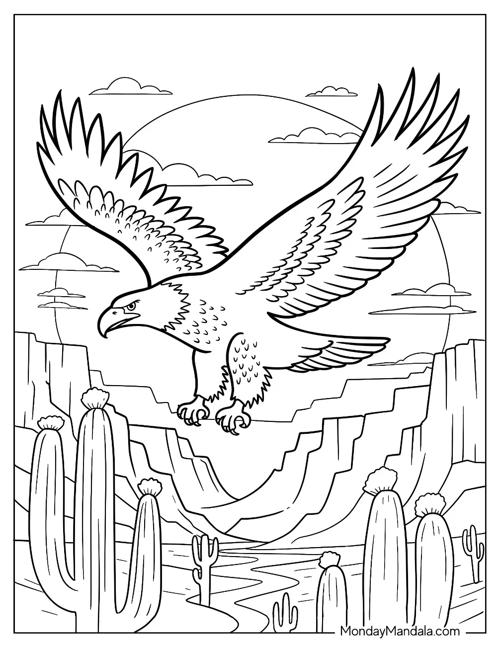 Bald Eagle Coloring Page with Massive Wings Soaring in the Desert coloring page