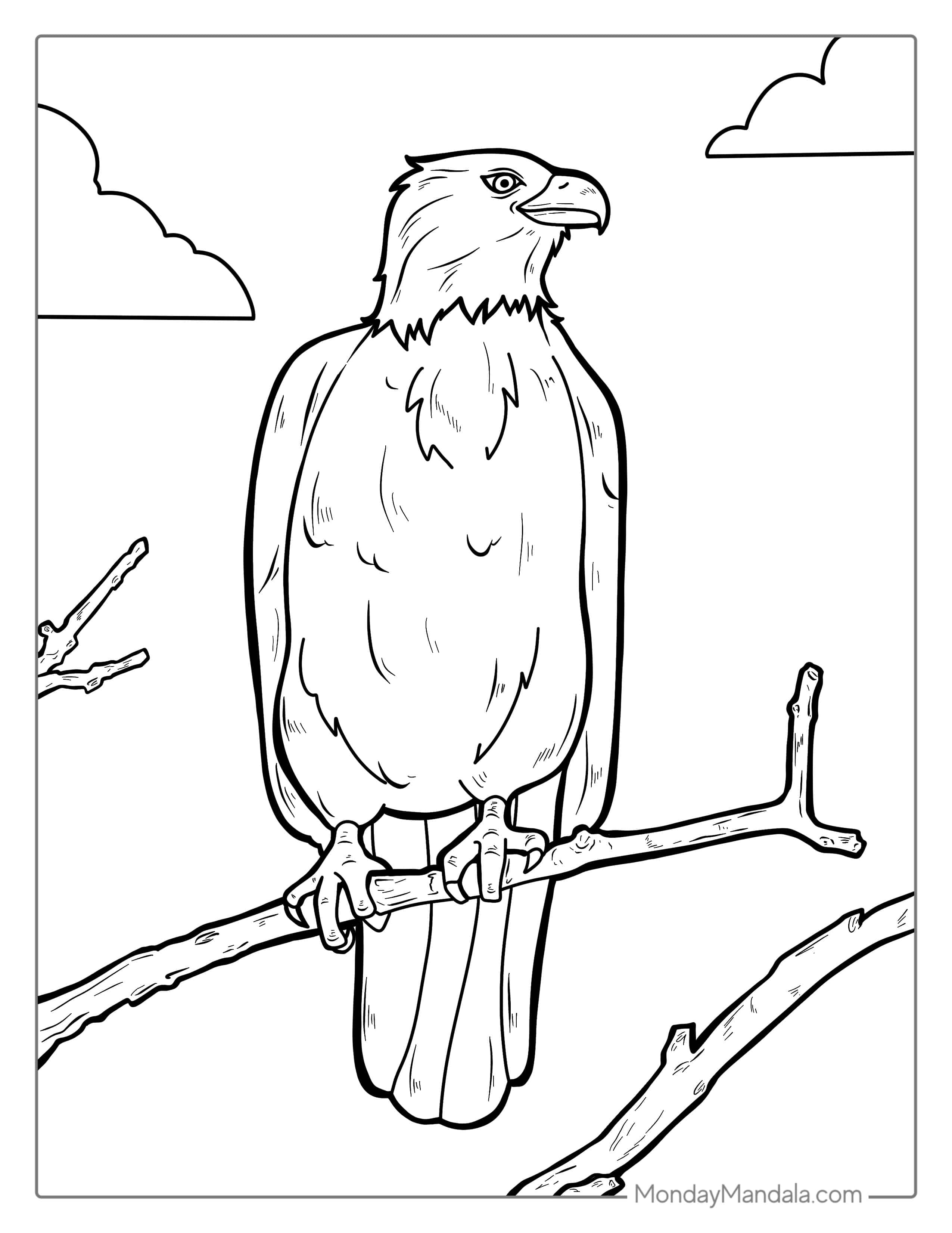 Bald Eagle Perched On Branch To Color coloring page — printable line art