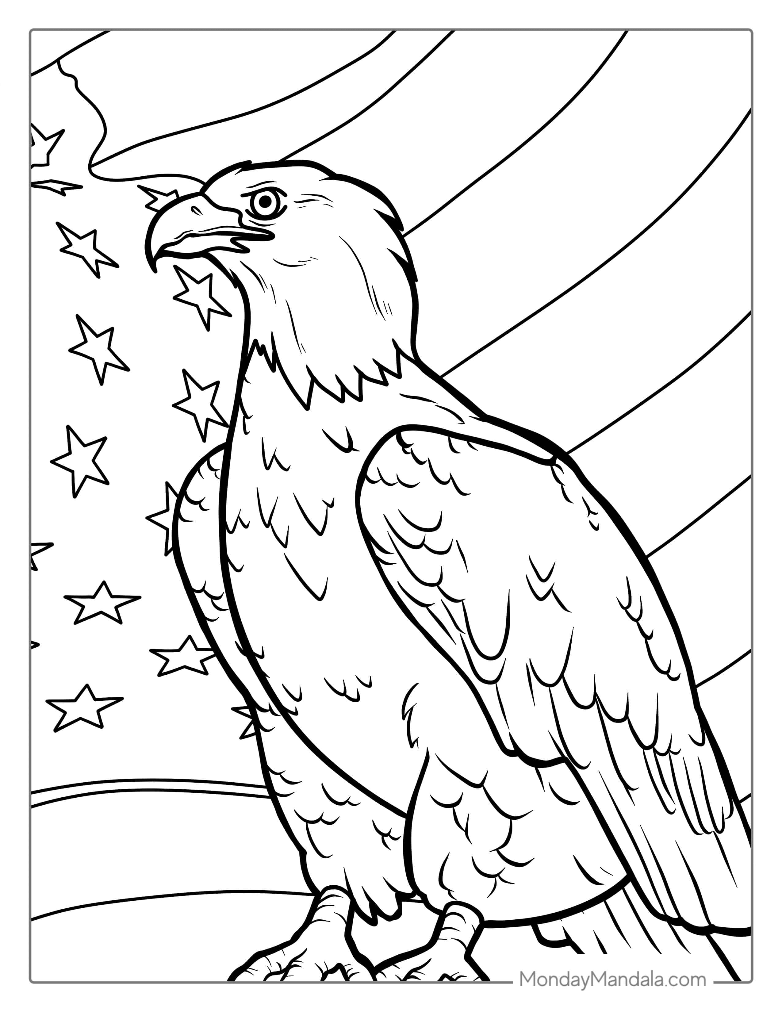 Bald Eagle With American Flag Coloring Page coloring page — printable line art