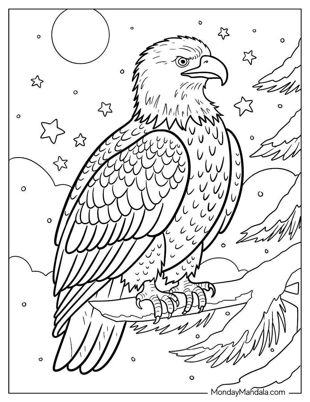 Beautiful Bald Eagle Coloring Page Resting on a Starry Night coloring page
