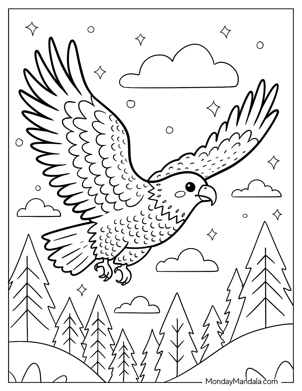 Cartoon Bald Eagle Coloring Page Flying Over a Forest for Kids coloring page