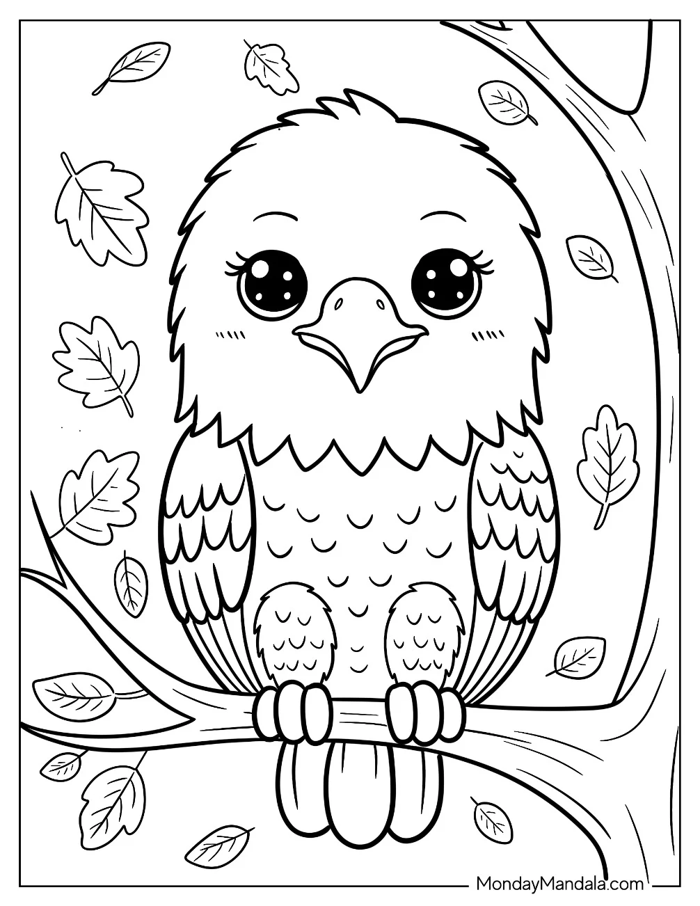 Chibi Bald Eagle Coloring Page with Large Eyes Perched on a Tree Branch for Preschoolers coloring page