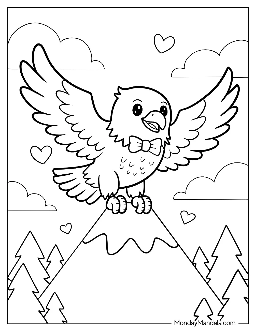 Cute Bald Eagle Coloring Page with a Bowtie on Top of a Mountain for Kids coloring page